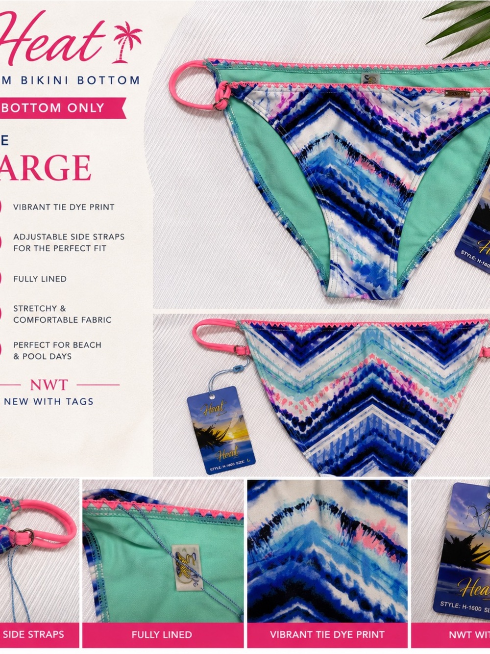 NWT Heat Blue Tie Dye Bikini Bottoms Large Bright Coral Pink Stitch Beach Swim